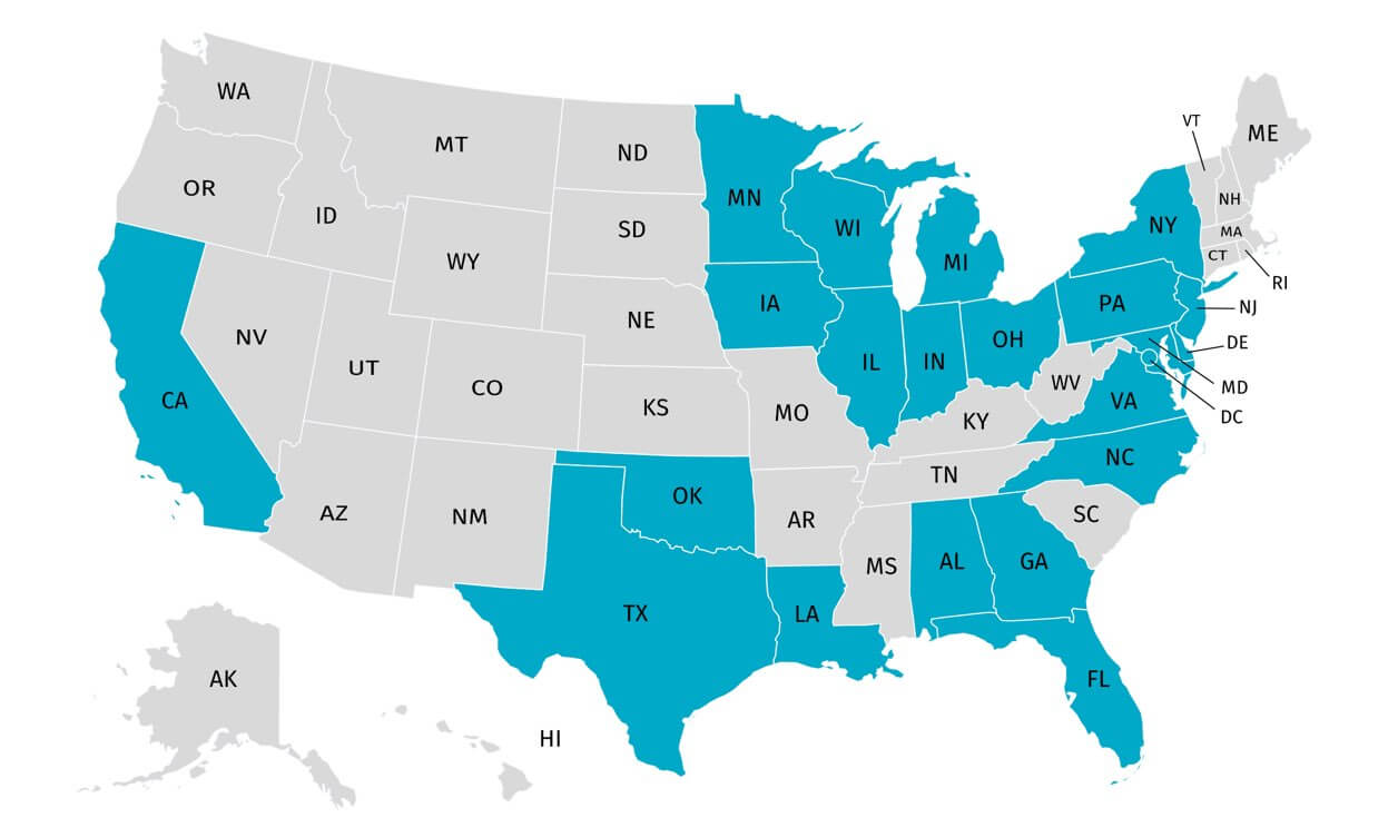 U.S. Map displaying ADAP's reach in over 20 states